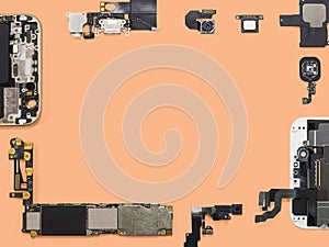 Flat Lay of smart phone components isolate