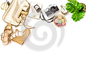 Flat lay social media fashion bloggers Bag shoes photo camera