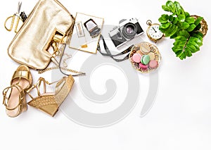 Flat lay social media fashion bloggers. Bag shoes vintage photo