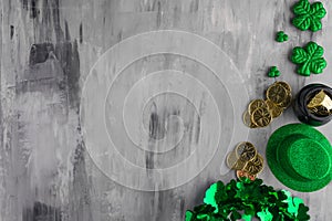 Flat lay, St. Patrick`s Day, March 17, on a light background accessories for a celebration, a traditional Irish holiday