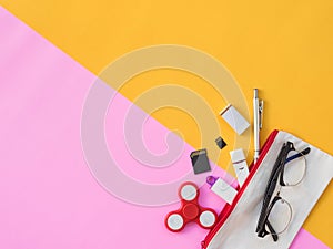 Flat Lay Stationary on Pink and yellow background