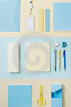 Flat lay of stationery and school supplies. Back to school concept. Top view.