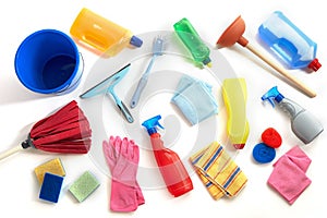 Flat lay still life of scattered cleaning supplies