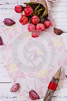 Flat lay stock photography flower pattern message letter paper rose petals wood pencil