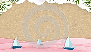 Flat lay Summer background with origami white clouds,boat sailing in pink ocean wave on sand beach,Vector illustration paper art