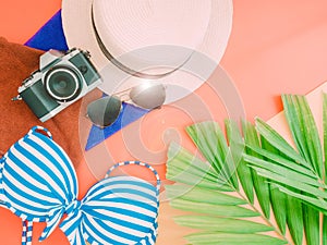 Flat lay for summer cloth accessorie with palm leaf , camera and