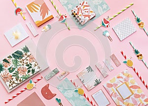 Flat Lay Summer tropical background.