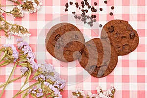 Flat lay of sweets, Chocolate brownie cookie and chocolate chip pieces on red gingham cloth