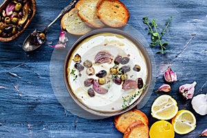 Flat Lay of Tirokafteri Greek Feta Cheese Dip