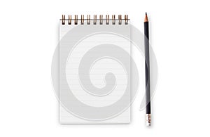 Flat lay top view with blank notepad and black pencil