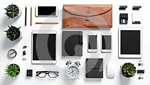 Flat lay top view desk objects office workspace isolated white background