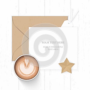 Flat lay top view elegant white composition paper brown kraft envelope star shape craft tag and coffee on wooden background