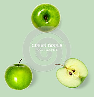 Flat lay Top view of Green fresh apple fruit isolated on pastel green background