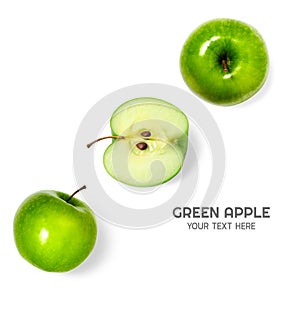 Flat lay (Top view) of Green fresh apple fruit isolated on white background