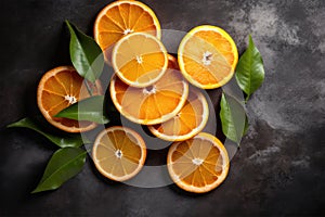 Flat lay top view of orange fruit with cut in half and sliced and leaves on dark background. Generative AI