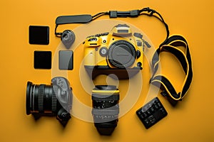 Flat lay or top view of photographer workplace with dslr camera, lens, pen tablet and camera accessories with yellow background.