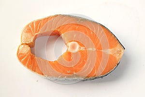 Flat lay and top view  Raw fish Fresh salmon, trout, steak, slice of fresh raw fish â€‹â€‹for cooking on white background