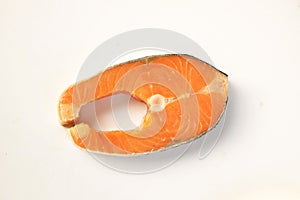 Flat lay and top view  Raw fish Fresh salmon, trout, steak, slice of fresh raw fish â€‹â€‹for cooking on white background