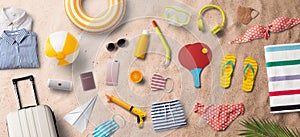 Flat lay top view of travel essentials, summer holiday concept.