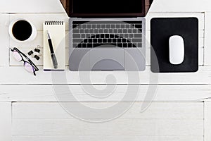 Flat lay, top view wooden office desk Workspace