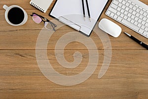 Flat lay, top view wooden office desk Workspace