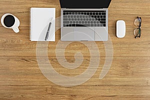 Flat lay, top view wooden office desk Workspace