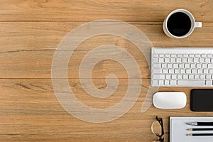 Flat lay, top view wooden office desk Workspace