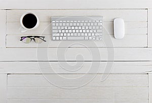 Flat lay, top view wooden office desk Workspace