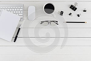 Flat lay, top view wooden office desk Workspace