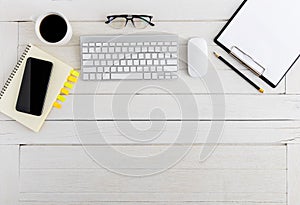 Flat lay, top view wooden office desk Workspace