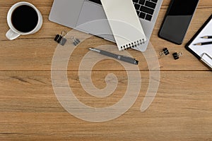 Flat lay, top view wooden office desk Workspace