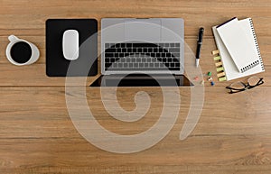 Flat lay, top view wooden office desk Workspace