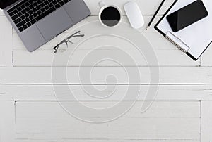 Flat lay, top view wooden office desk Workspace