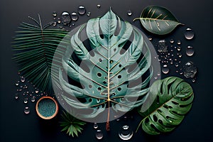 Flat lay tranquil wellness image featuring palm leaves and water droplets