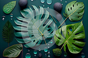 Flat lay tranquil wellness image featuring palm leaves and water droplets