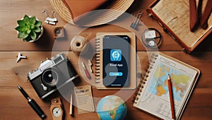 Flat lay of travel essentials with a smartphone displaying a travel app interface