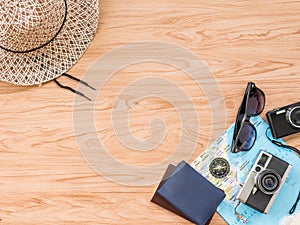 Flat Lay Travel Summer on wooden background