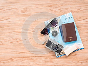 Flat Lay Travel Summer on wooden background