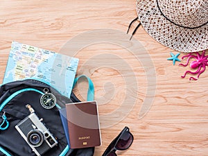 Flat Lay Travel Summer on wooden background