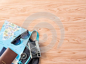 Flat Lay Travel Summer on wooden background