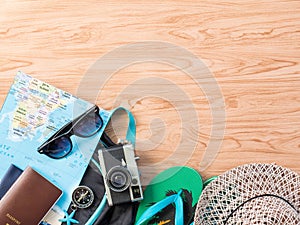 Flat Lay Travel Summer on wooden background