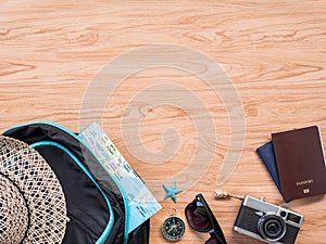 Flat Lay Travel Summer on wooden background