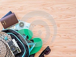 Flat Lay Travel Summer on wooden background