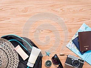 Flat Lay Travel Summer on wooden background