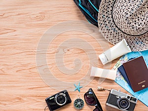 Flat Lay Travel Summer on wooden background