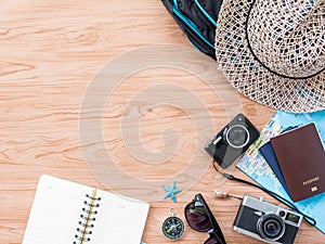 Flat Lay Travel Summer on wooden background