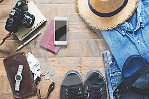 Flat lay of Traveler`s items, Essential vacation accessories of young smart traveler