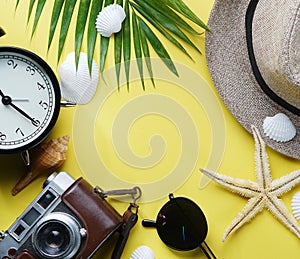 Flat Lay Traveling Holiday Vacation Yellow Background Blank Space In The Middle