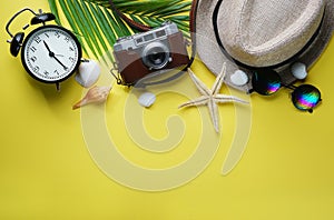 Flat Lay Traveling Holiday Vacation Yellow Background Copy Space