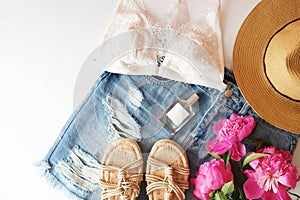 Flat lay trendy fashion feminine background. Fashion beauty background. Summer look trend.